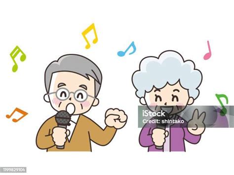 Ilustración de adultos mayores cantando karaoke con alegría