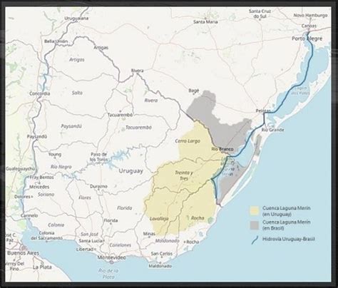 Mapa de la cuenca de la Laguna Merín en Uruguay, mostrando la distribución de los cerritos de indios y las zonas agrícolas.