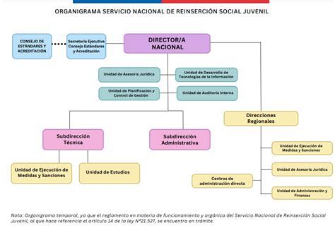 Infografía: Organigrama del Servicio Nacional de Reinserción Social Juvenil, mostrando las direcciones nacionales y regionales, así como las subdirecciones y unidades clave.