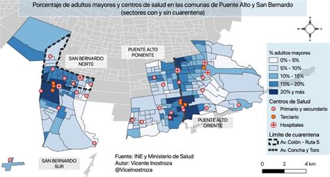 Mapa de concentración de adultos mayores, hogares vulnerables y centros de abastecimiento en Puente Alto y San Bernardo durante cuarentena por COVID-19