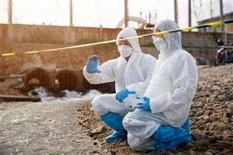 Científico recogiendo muestras de aguas residuales en un entorno natural