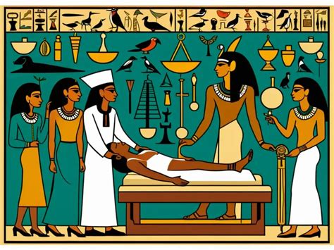 Ilustración de un médico del antiguo Egipto realizando una visita domiciliaria y dialogando con la familia