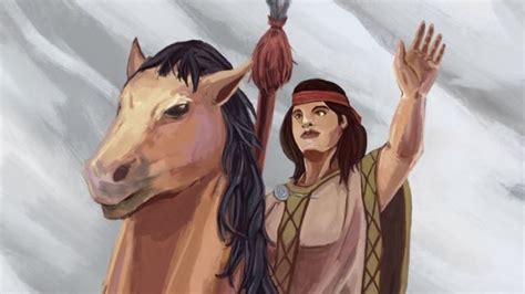 Dibujo de Janequeo liderando a su ejército a caballo con una lanza.