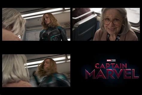 Capitana Marvel golpeando a una anciana en el autobús