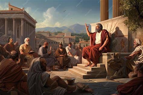 Representación de un debate filosófico en la Antigua Grecia