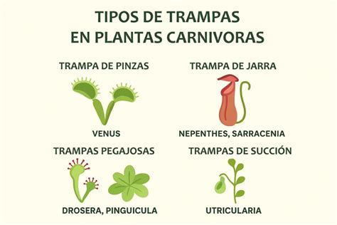 Ilustración de diferentes tipos de trampas de plantas carnívoras (Dionaea, Nepenthes, Drosera, Sarracenia)