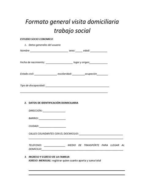 Ejemplo de un formulario de registro de visita domiciliaria en Trabajo Social.