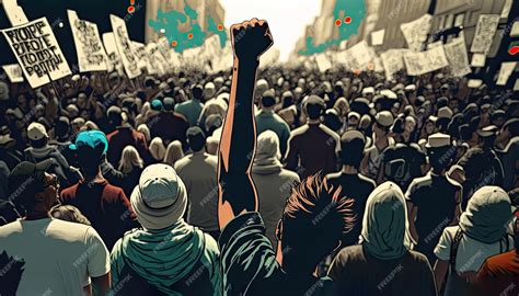 Ilustración de personas protestando pacíficamente y presentando demandas para la reforma social.