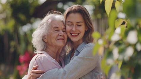 Foto temática de una hija adulta abrazando a su madre anciana con cariño