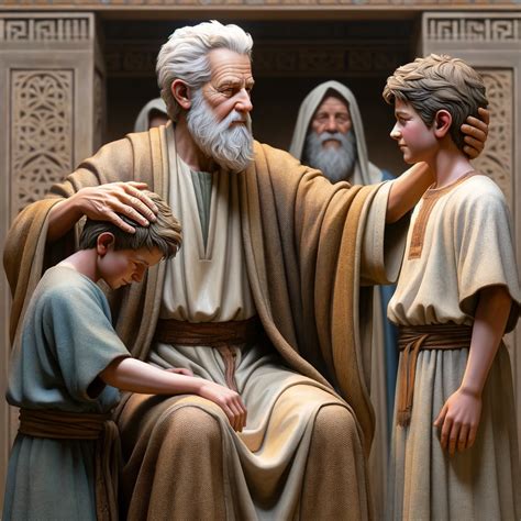 Ilustración de Jacob bendiciendo a Efraín y Manasés en presencia de José