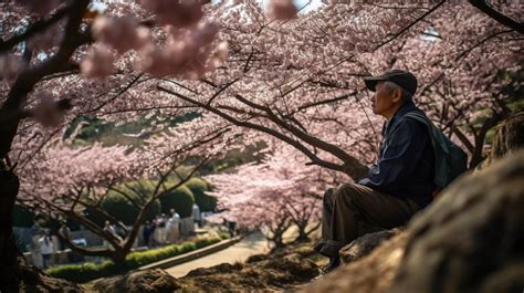 Anciano tallando madera bajo un cerezo en flor, simbolizando paz y sabiduría ancestral
