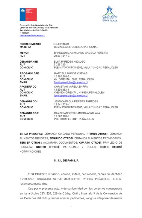 Esquema sobre la demanda de cuidado personal y pensión de alimentos en el contexto chileno