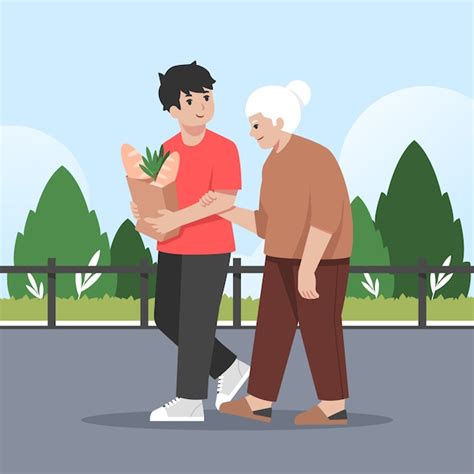 Ilustración de un adolescente ayudando a una persona mayor con una tablet o un smartphone, con una expresión de paciencia y amabilidad.