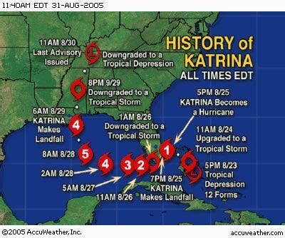 Mapa de la trayectoria del huracán Katrina y las zonas afectadas