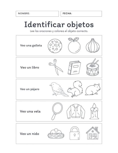 Ejemplo de ficha descargable con iconos y etiquetas de texto para identificar objetos en la cocina o el salón.