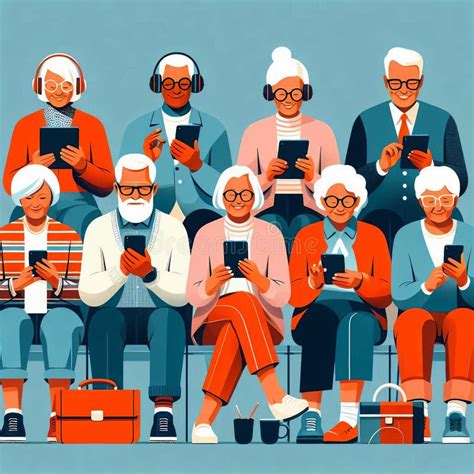 Ilustración de personas mayores interactuando con dispositivos tecnológicos en un centro de día
