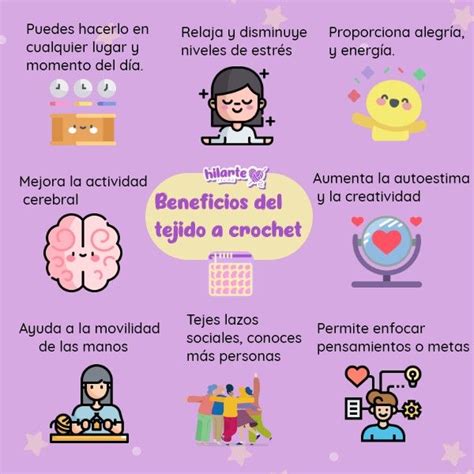 Infografía detallando los beneficios del tejido para la salud mental, incluyendo reducción de ansiedad, mejora de la concentración y regulación emocional.