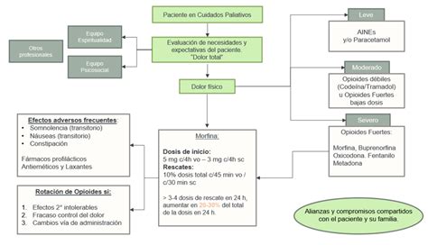 Diagrama de flujo para el manejo del dolor en cuidados paliativos, desde la evaluación hasta la titulación de opioides y manejo de efectos secundarios.