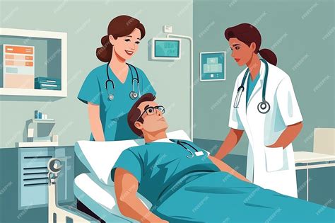 Ilustración de un médico y una enfermera hablando con familiares del paciente