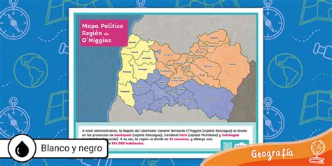 Mapa de la Región de O'Higgins con las comunas de Rancagua, Coltauco, Pichilemu y San Fernando destacadas