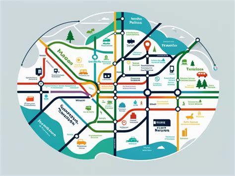 Mapa esquemático de puntos de interés y transporte público en una ciudad, resaltando zonas universitarias y comerciales