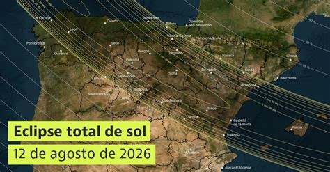 Mapa de la ruta del eclipse de 2026 en la península ibérica
