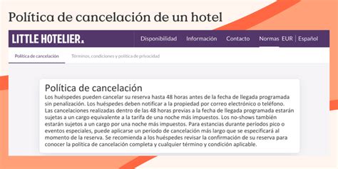 Tabla de políticas de cancelación de un hotel