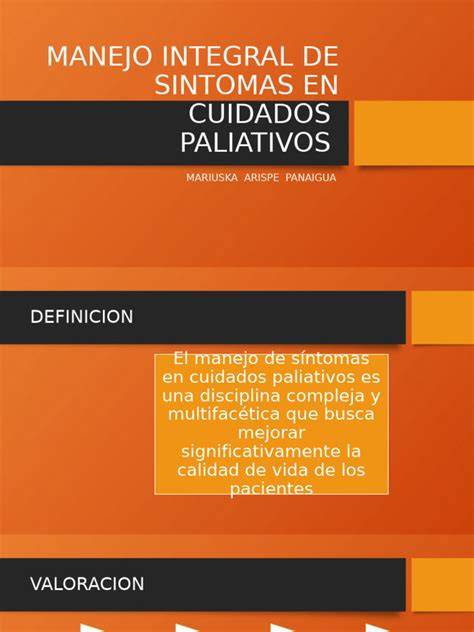 Infografía sobre el manejo de síntomas en cuidados paliativos: dolor, náuseas, disnea, fatiga y ansiedad