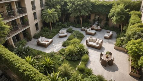 Fotografía de un espacio verde o jardín accesible en una residencia, con residentes disfrutando del aire libre
