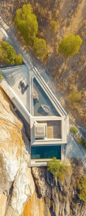 vista aérea de una casa moderna construida en una ladera con terrazas escalonadas