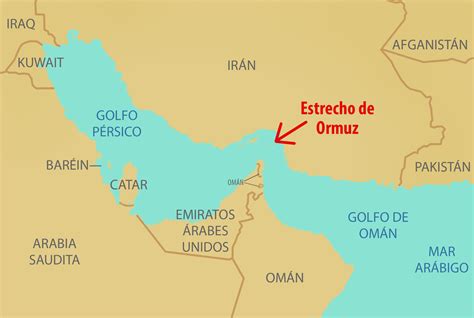 Mapa de Medio Oriente con el Estrecho de Ormuz resaltado