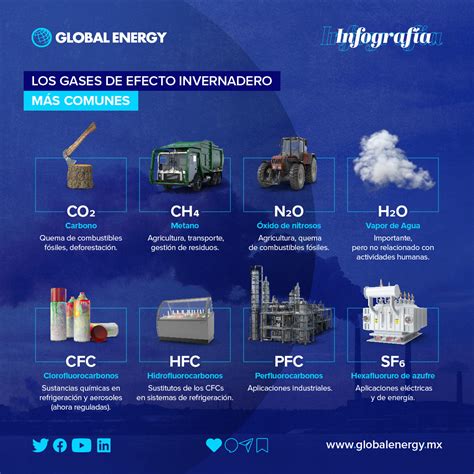 Infografía que muestra los principales gases de efecto invernadero y sus fuentes.