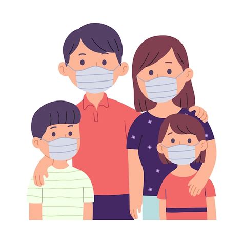 ilustracion de familia usando mascarillas en espacios publicos