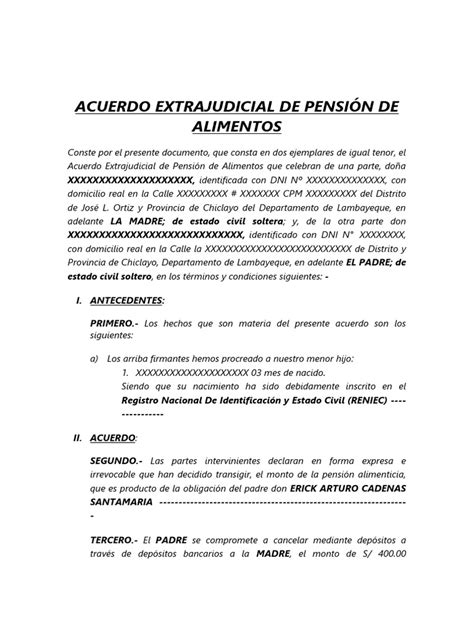 Infografía que muestra el proceso de acuerdo extrajudicial para pensión de alimentos y los requisitos legales.