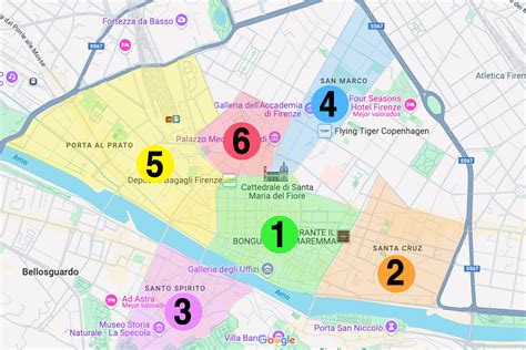 Mapa de Florencia con los distritos principales y puntos de interés