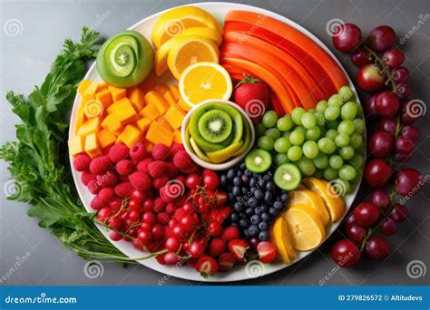 imagen de un plato colorido con frutas, verduras y pescado