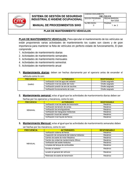 esquema de plan de mantenimiento de vehículos
