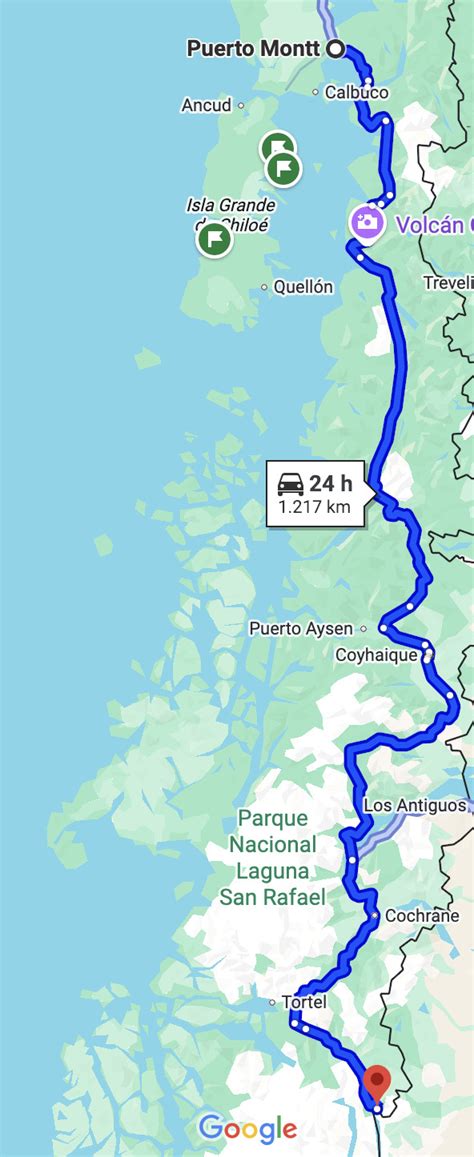 Mapa de la Carretera Austral mostrando sus tramos norte y sur con destinos clave