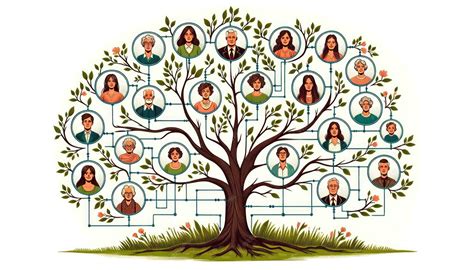 Árbol genealógico estilizado con fotos de diferentes generaciones, conectadas por raíces y ramas