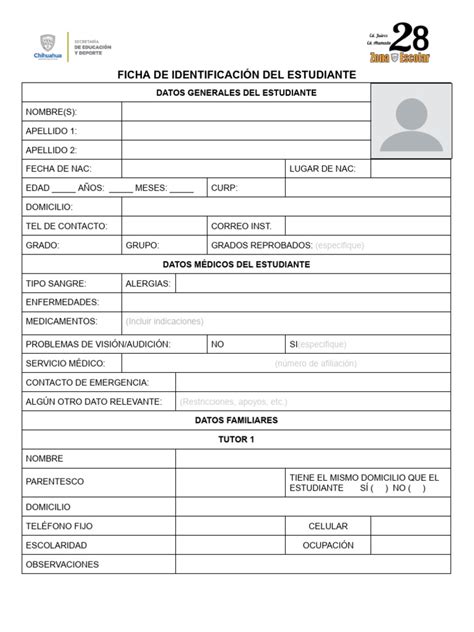 Esquema de una ficha de identificación estudiantil en inglés, mostrando los campos de datos