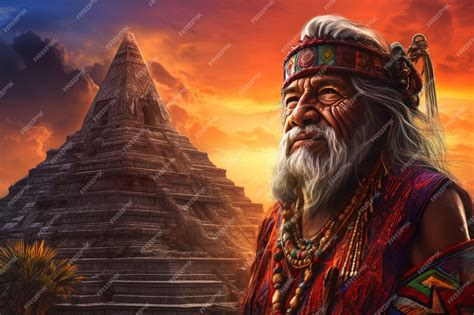 Anciano azteca transmitiendo conocimientos a jóvenes