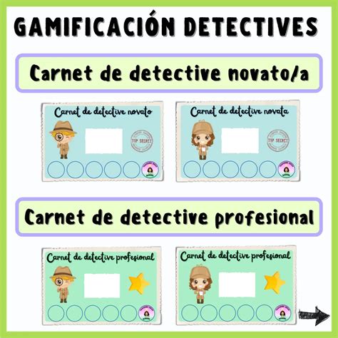 Ilustración: diseño de los carnets de detective novato y profesional con pegatinas de misiones
