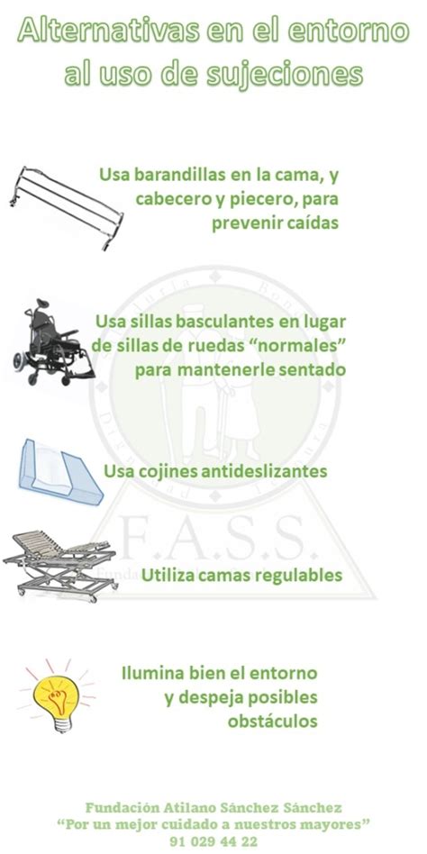 Esquema de los tipos de sujeciones físicas más comunes: barandillas, cinturones, sujeciones torácicas y dispositivos de restricción en sillas.