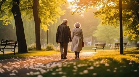 Foto de una pareja de ancianos caminando felizmente en un parque soleado
