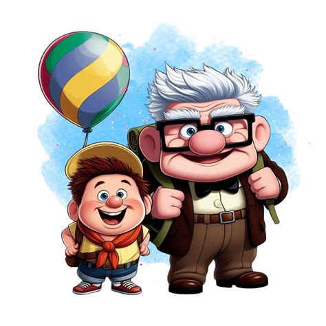Ilustración de Carl Fredricksen de 'Up' con su casa flotante y Russell