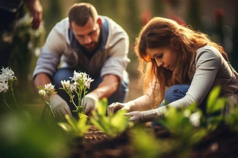 Pareja trabajando en el jardín de una parcela, realizando labores de mantenimiento