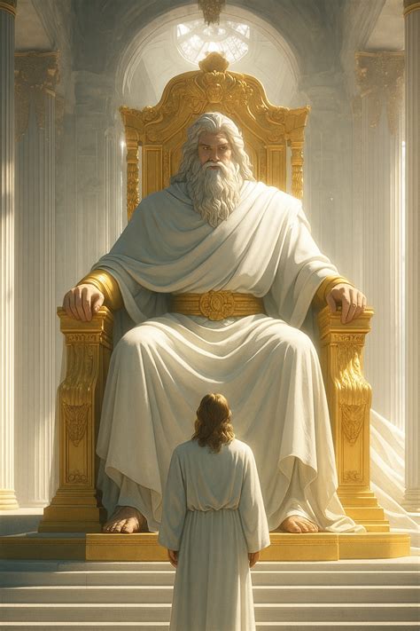 Ilustración simbólica del Anciano de Días con cabello blanco como la nieve y un trono llameante.