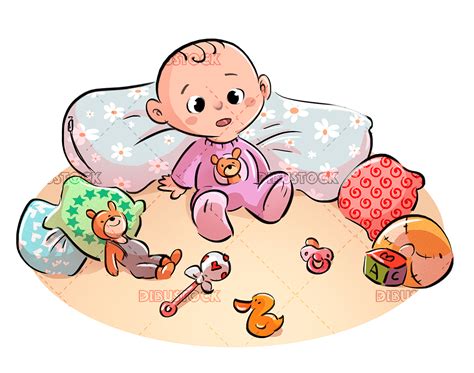 ilustración de un bebé interactuando con diferentes texturas y juguetes