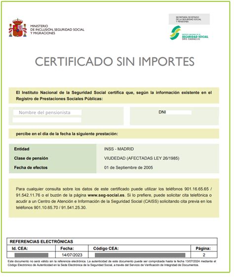 Ejemplo de un Certificado de Ofertas de pensiones con código de barras resaltado