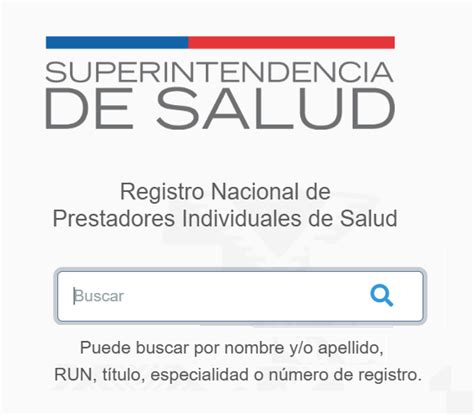 Captura de pantalla o ilustración del Registro Nacional de Prestadores Individuales de Salud con campos de búsqueda y resultados.